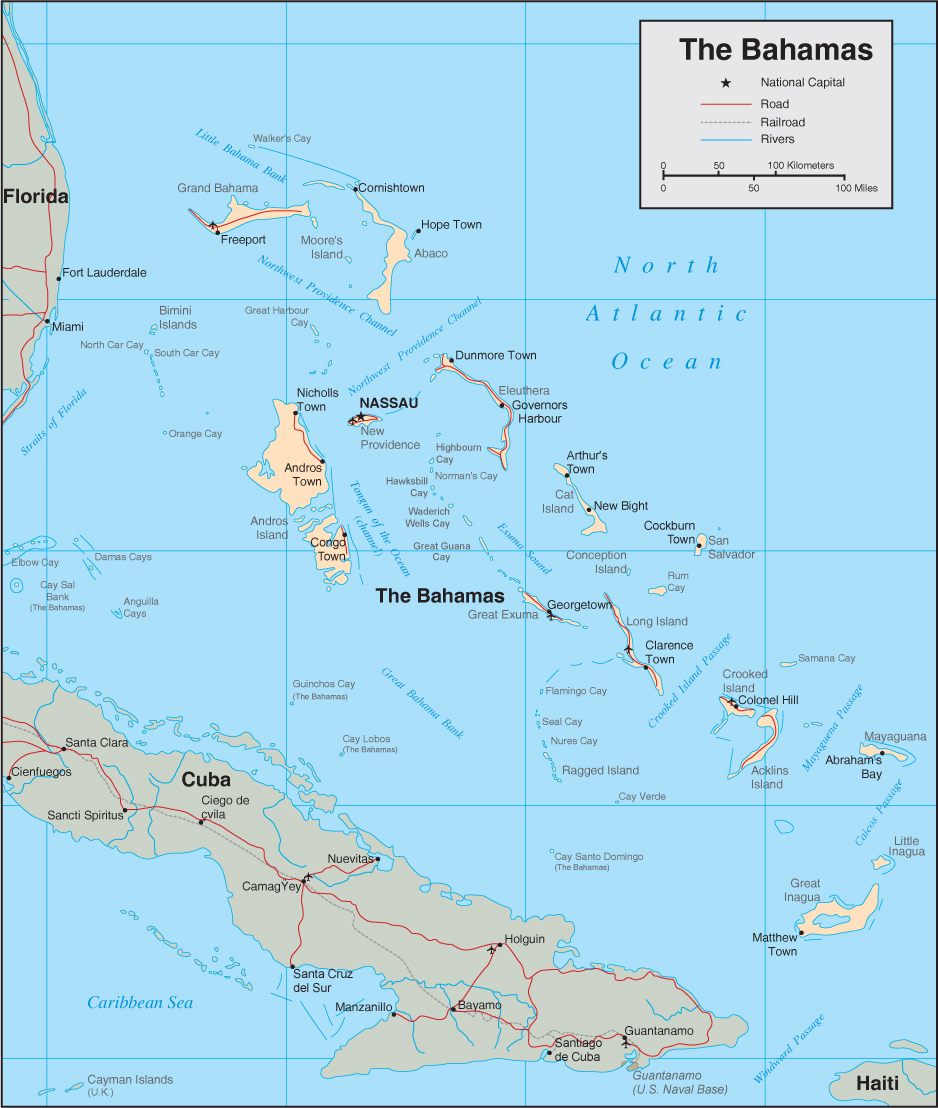 Физическая карта Багам.