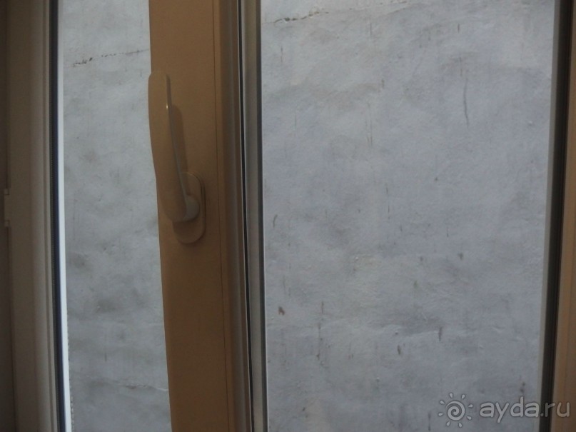 вид из окна на стену.