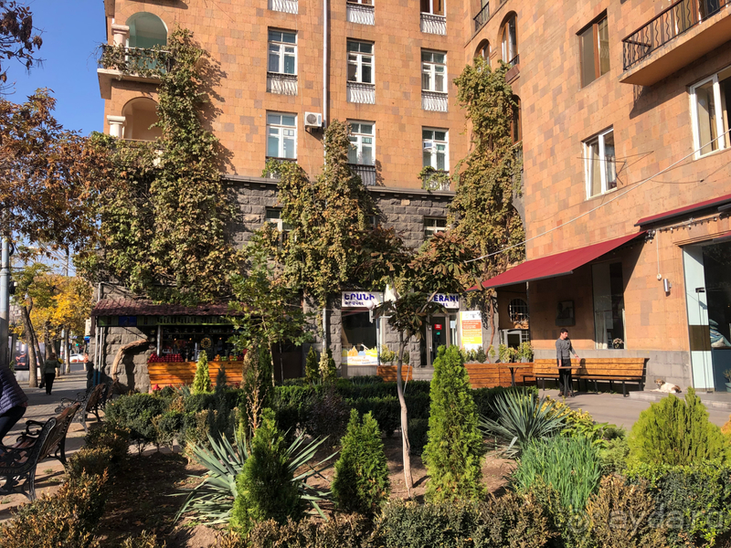 Цветущий Ереван в конце октября. На фото можно видеть здание из туфа-традиционный строительный материал. Почти все здания города построены из него.