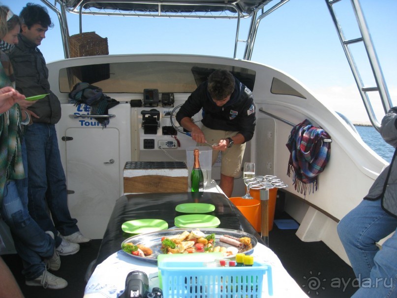 Валвис-Бэй, на катере к лежбищам котиков. Матрос чистит устриц.