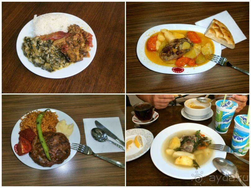 Мясная еда из нашей "Шаровы". Все по цене от 7 до 12 лир за порцию.В голубеньких стаканчиках айран.