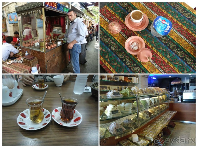 В уличной кафешке брали турецкий кофе. Его подают в маленьких чашечках, с водой и сладостями(сахаром). Чай наливают вот в такие фигуристые стаканчики.На правом нижнем снимке типичная витрина в магазине сладостей с лукумом(из разных фруктов) с орехами. Нам больше всего понравился гранатовый(с кислинкой) с фисташками. Всегда можно попробовать, прежде чем покупать.