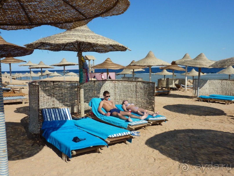 пляж с лежаками и ветряками